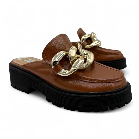 Madden Girl Shoes - Madden Girl “Dollie” Chain Mules Brown Chunky Slip-On Loafers Women's Size 6.5